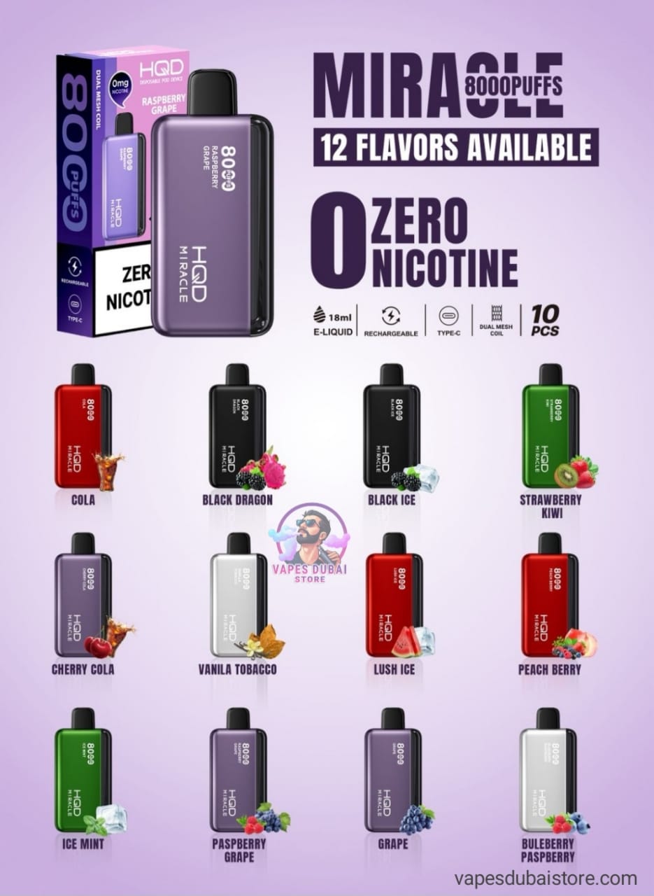 HQD Miracle 8000 Puffs Zero Nicotine (0mg) vape in the UAE