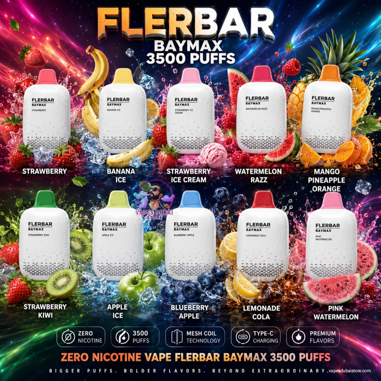 Flerbar Baymax 3500 Puffs Disposable Vape Zero Nicotine in UAE